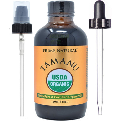 Prime Natural Organic Tamanu Oil front view bottle with dropper cap for natural skincare