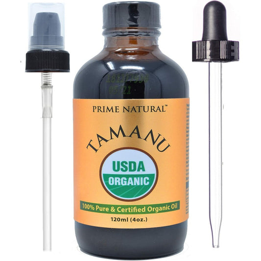 Prime Natural Organic Tamanu Oil front view bottle with dropper cap for natural skincare