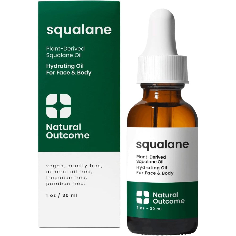 Natural Outcome Pure Squalane Oil front view amber glass bottle with dropper applicator