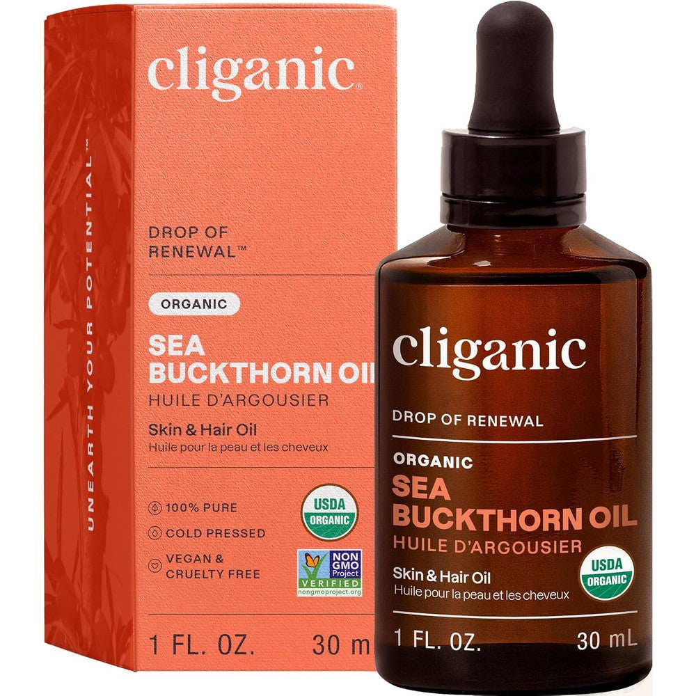 Cliganic Organic Sea Buckthorn Oil 1oz bottle for facial glow and anti aging skin care