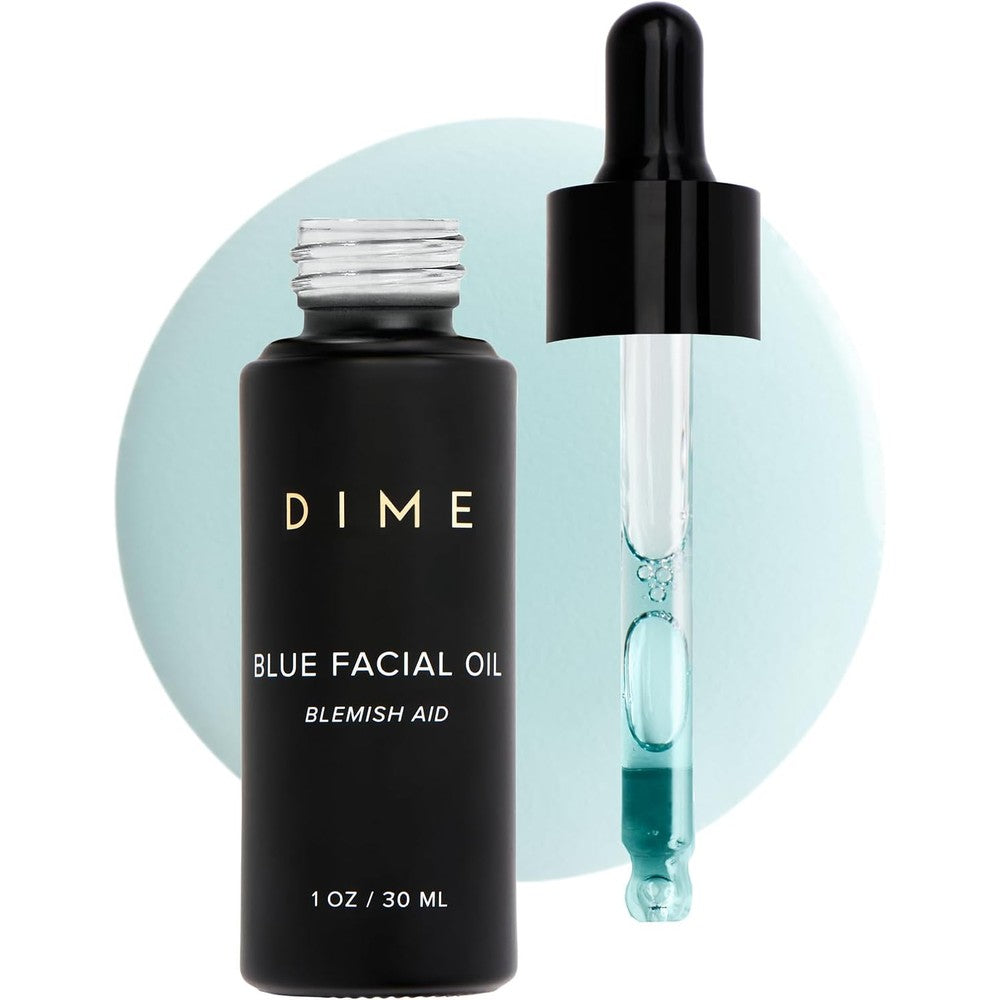DIME Beauty Blue Facial Oil front view bottle for clarifying acne prone skin