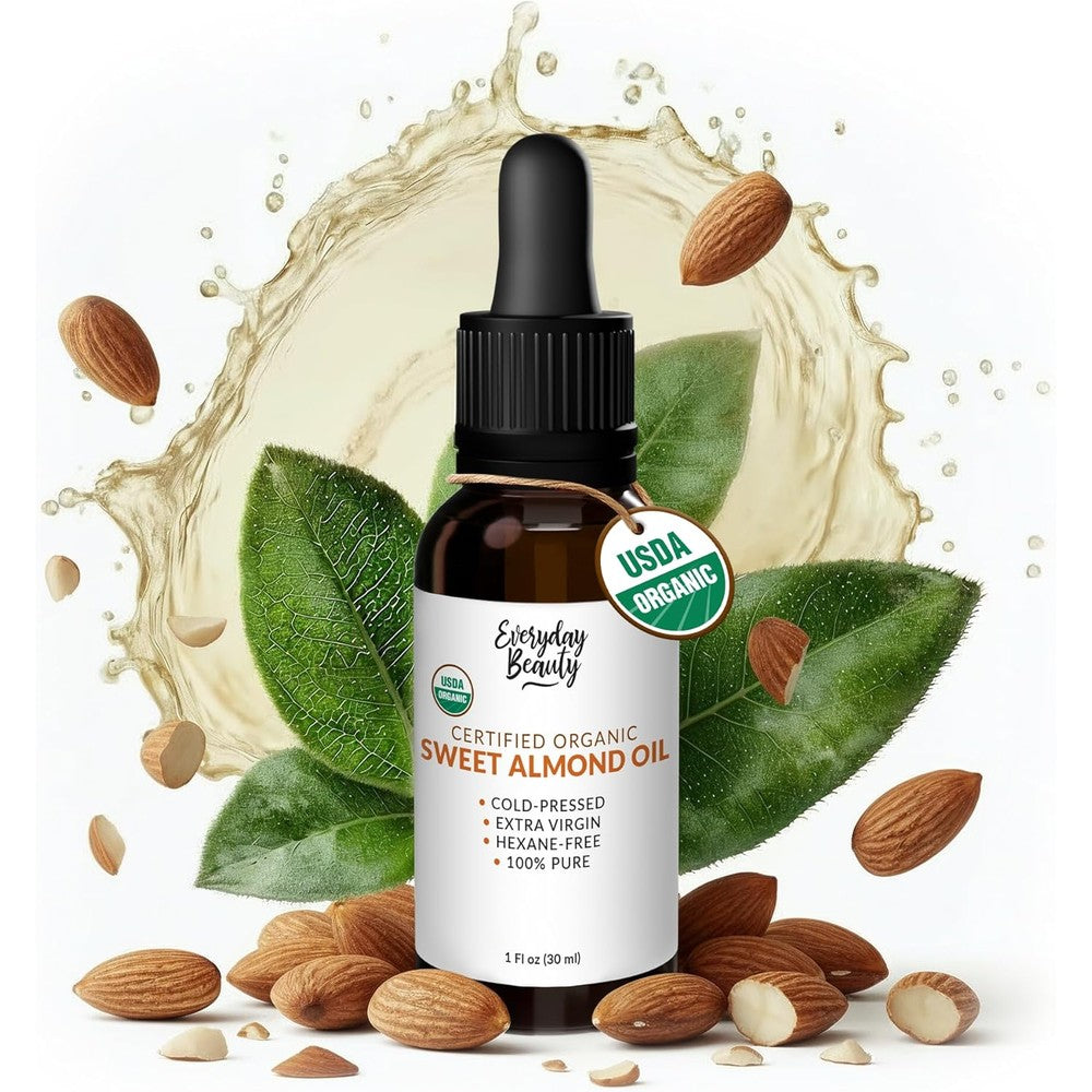 US Organic Sweet Almond Kernel Oil front view bottle with dropper for natural skincare