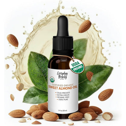 US Organic Sweet Almond Kernel Oil front view bottle with dropper for natural skincare