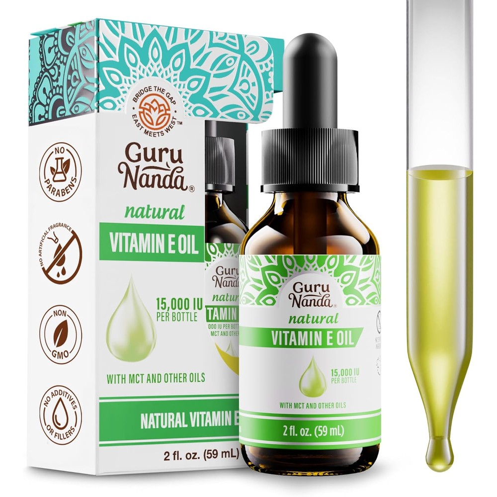 GuruNanda Vitamin E Oil front view bottle on a clean white background showing fifteen thousand IU strength