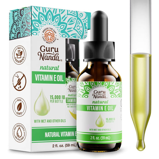 GuruNanda Vitamin E Oil front view bottle on a clean white background showing fifteen thousand IU strength