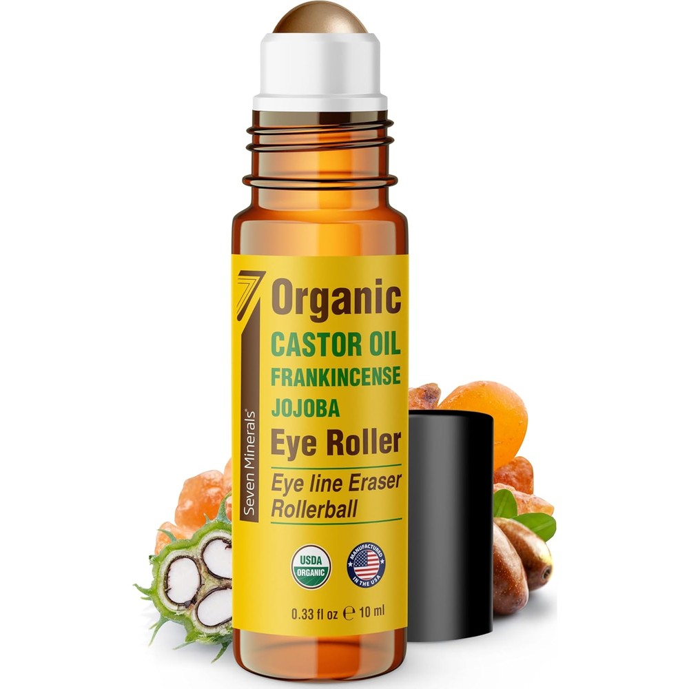 Seven Minerals Castor Oil Roll On Eye Roller front view of the organic under-eye treatment bottle.