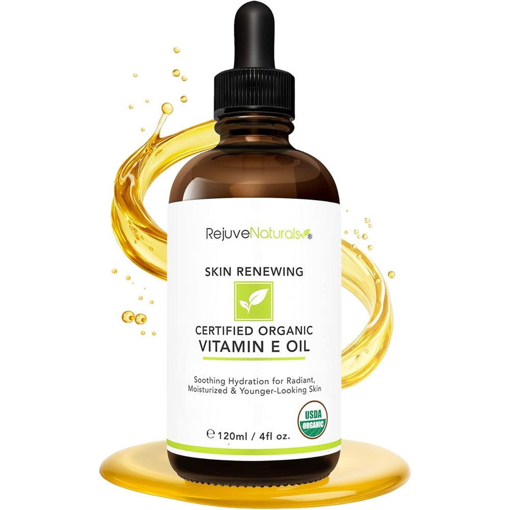 Rejuvenaturals Certified Organic Vitamin E Oil front view bottle for scar removal