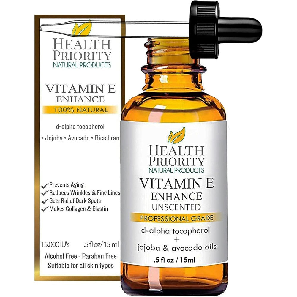 Health Priority Naturals Organic Vitamin E Oil front view bottle with dropper for facial skincare