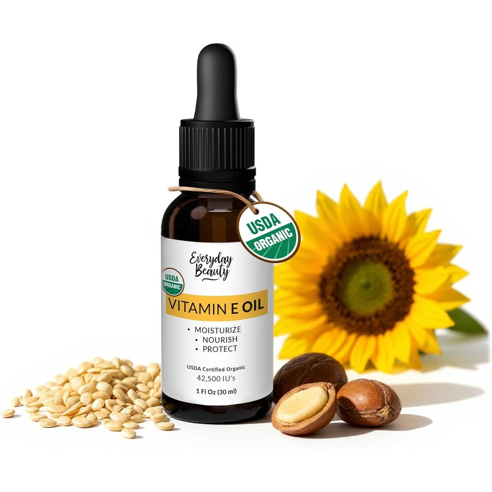 Everyday Beauty Organic Vitamin E Oil front view amber glass dropper bottle for facial hydration