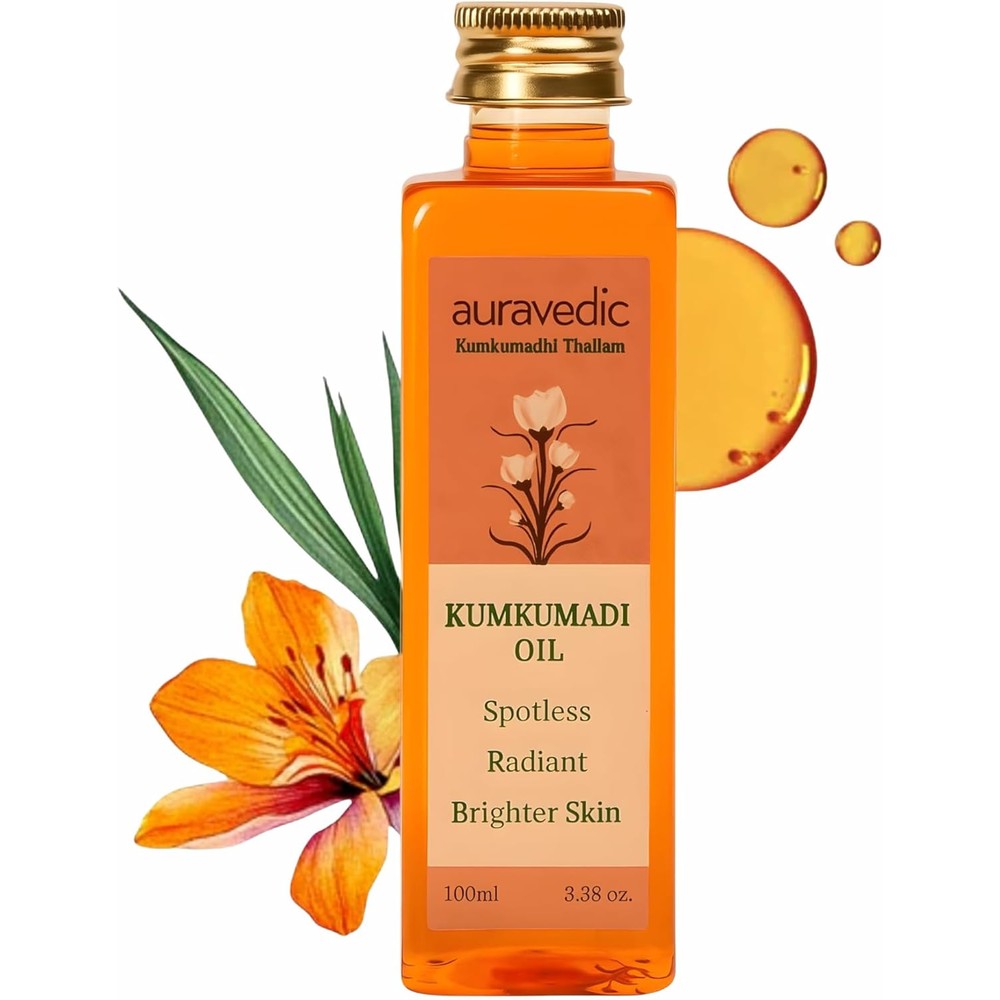 Auravedic Kumkumadi Oil front view packaging for radiant skin glow