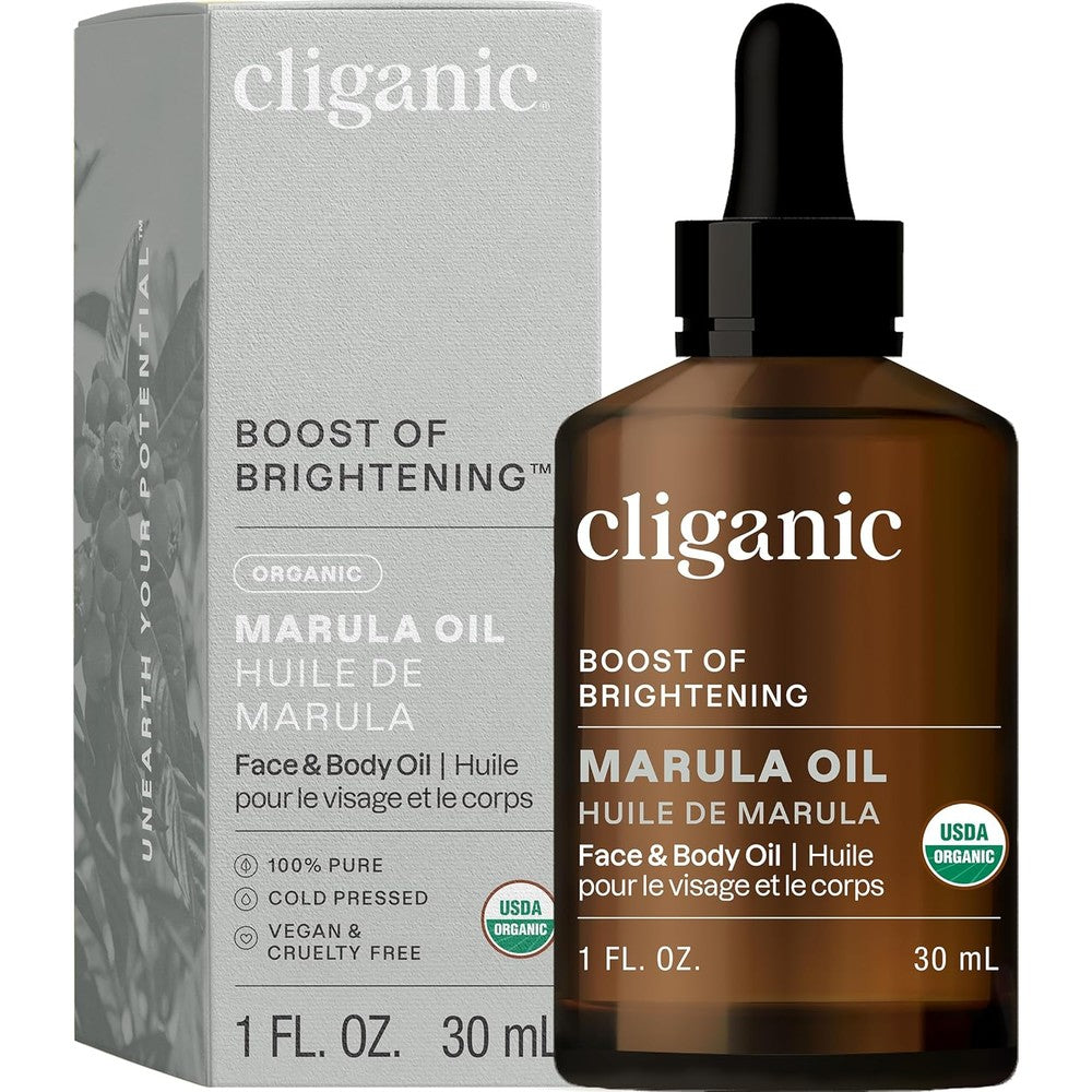 Cliganic Organic Marula Oil bottle with dropper for face and hair hydration