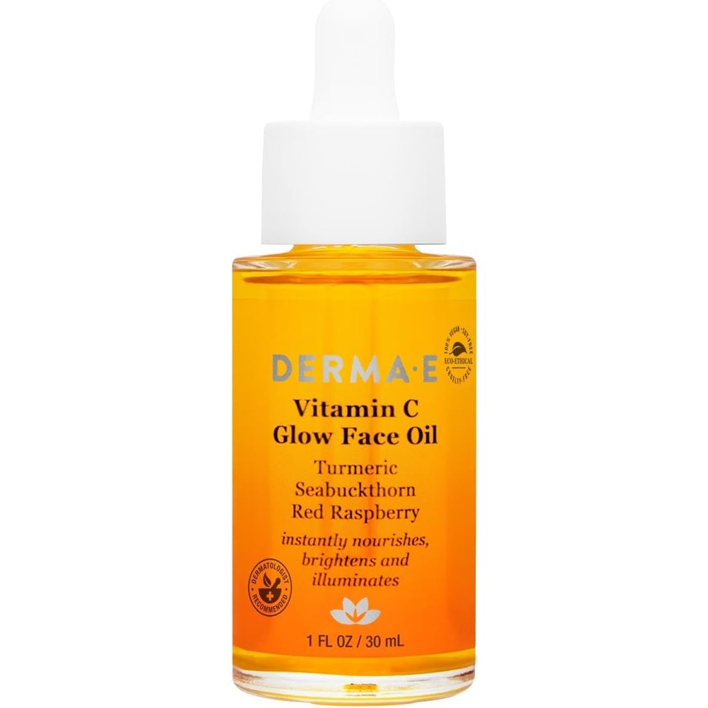 Derma E Vitamin C Glow Face Oil bottle showing golden liquid for radiant skin