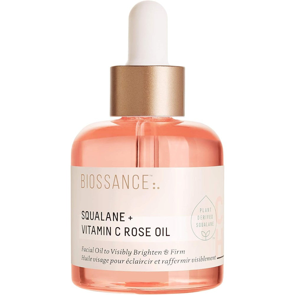Biossance Squalane and Vitamin C Rose Advanced Facial Oil 30ml front bottle view for skin brightening.