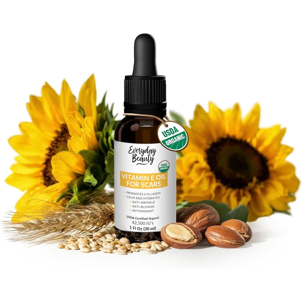 Everyday Beauty Organic Vitamin E Oil front view bottle for scar reduction