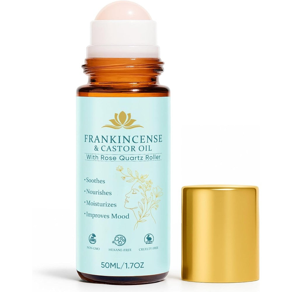 Fibosara Frankincense and Castor Oil bottle front view showcasing the authentic imported packaging and rose quartz roller applicator.