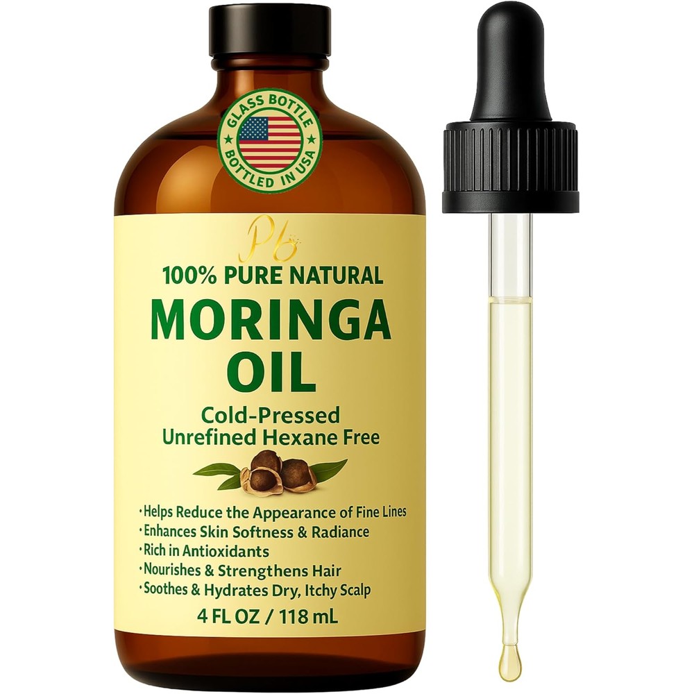 Pomberries Organic Moringa Seed Oil four fluid ounce bottle front view premium facial moisturizer