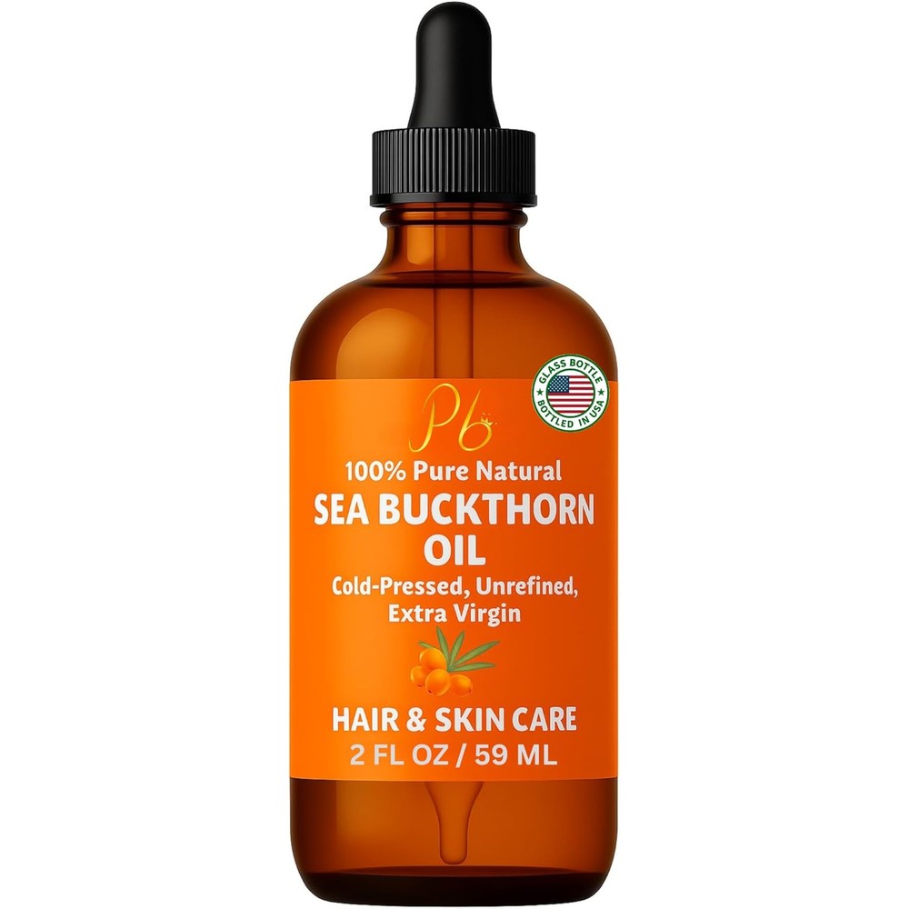Pomberries Sea Buckthorn Oil front view of amber glass bottle with dropper for radiant skin care