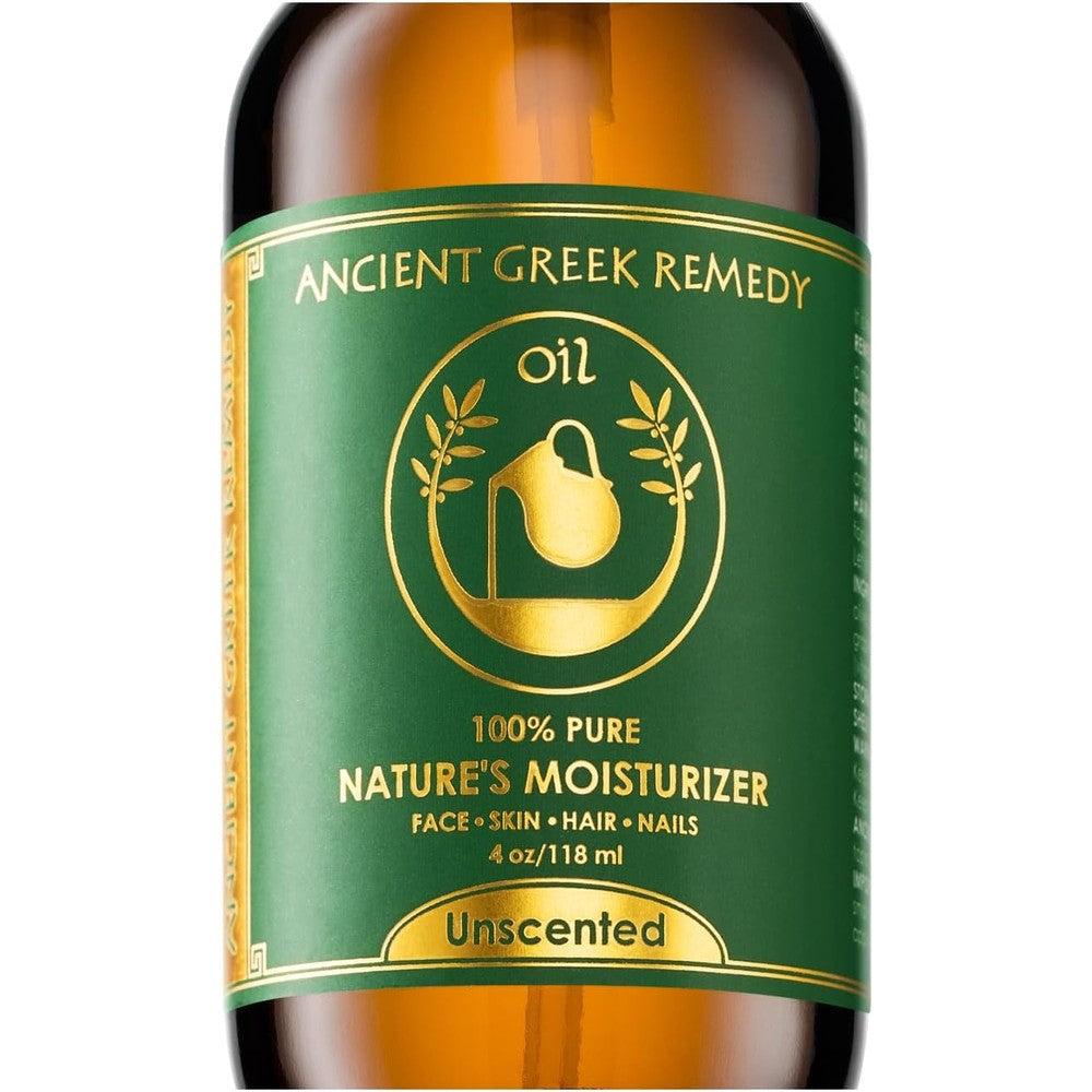 Ancient Greek Remedy Face Oil front view of the 4 ounce bottle showing organic ingredients.