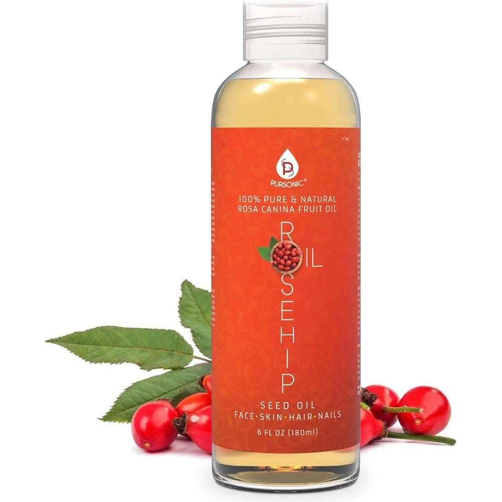 Pursonic 100 Percent Pure Cold Pressed Rosehip Oil six fluid ounce bottle front view premium anti aging facial serum