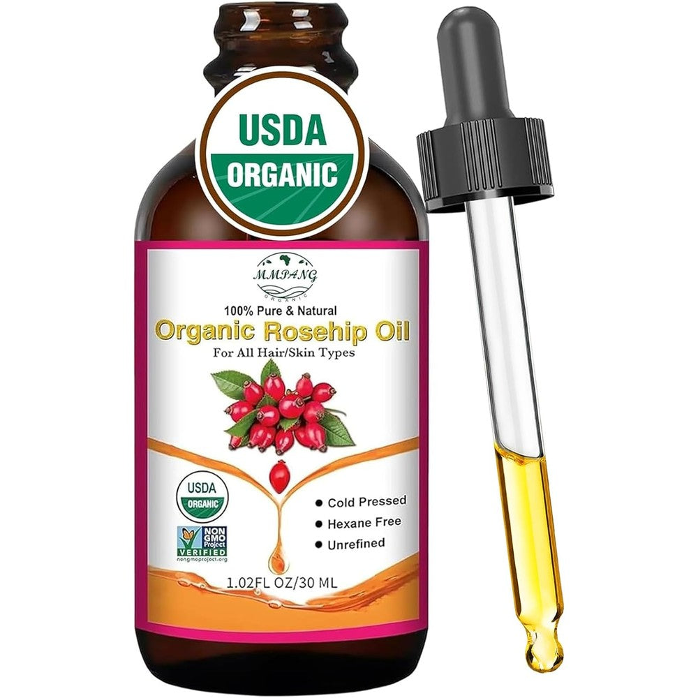 MMPANG Organic Rosehip Seed Oil amber bottle front view for facial acne scar treatment