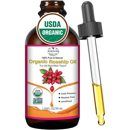MMPANG Organic Rosehip Seed Oil amber bottle front view for facial acne scar treatment