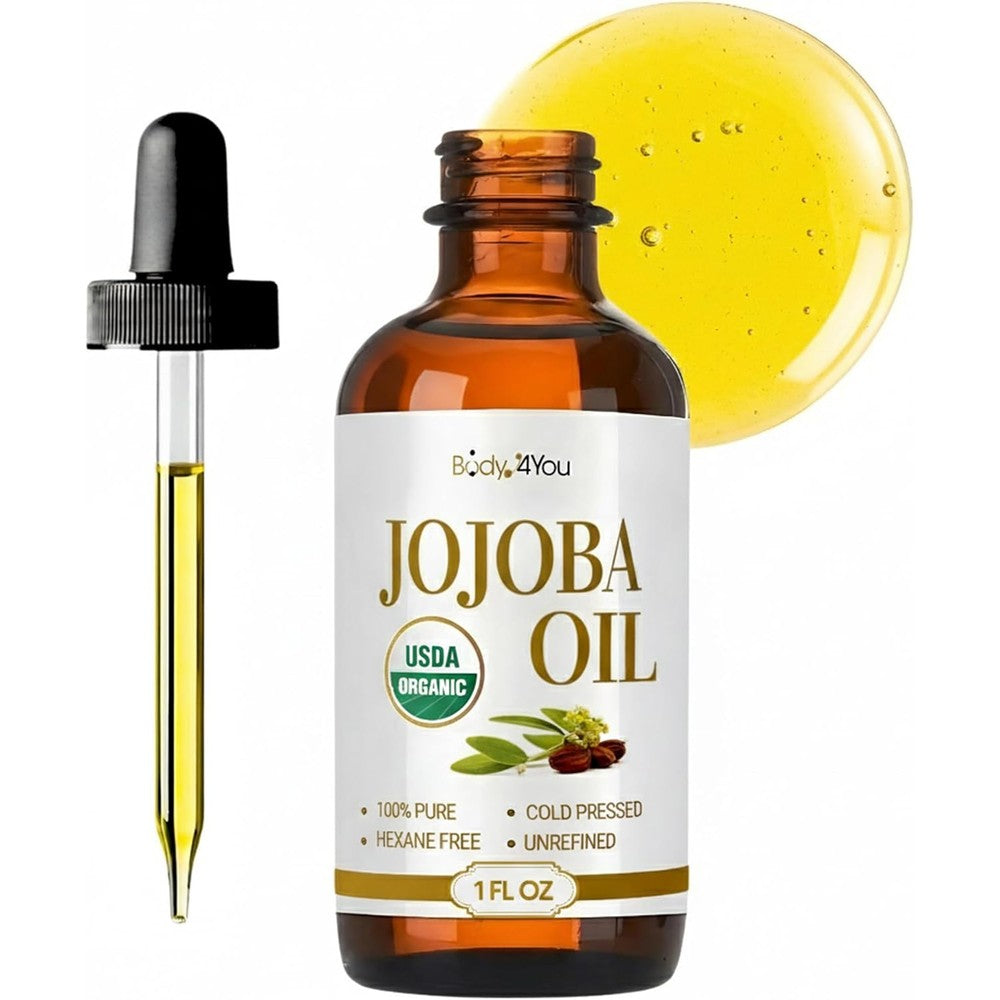 BodyJ4You Organic Jojoba Oil front view bottle for natural facial skin moisturization