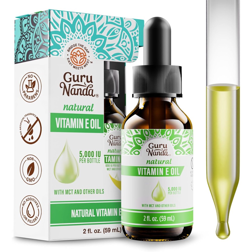GuruNanda Pure Natural Vitamin E Oil front view bottle with dropper for skin hydration