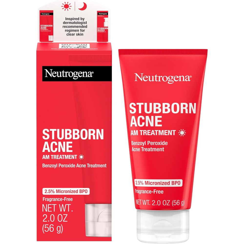 Neutrogena Stubborn Acne AM Face Treatment tube standing upright on a white reflective background showcasing the front label text.