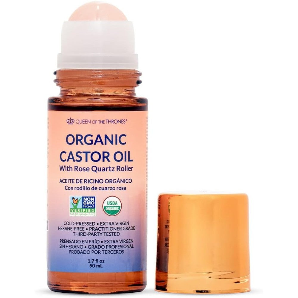 Queen Of The Thrones Organic Golden Castor Oil Roll On front view bottle showing rose quartz rollerball applicator