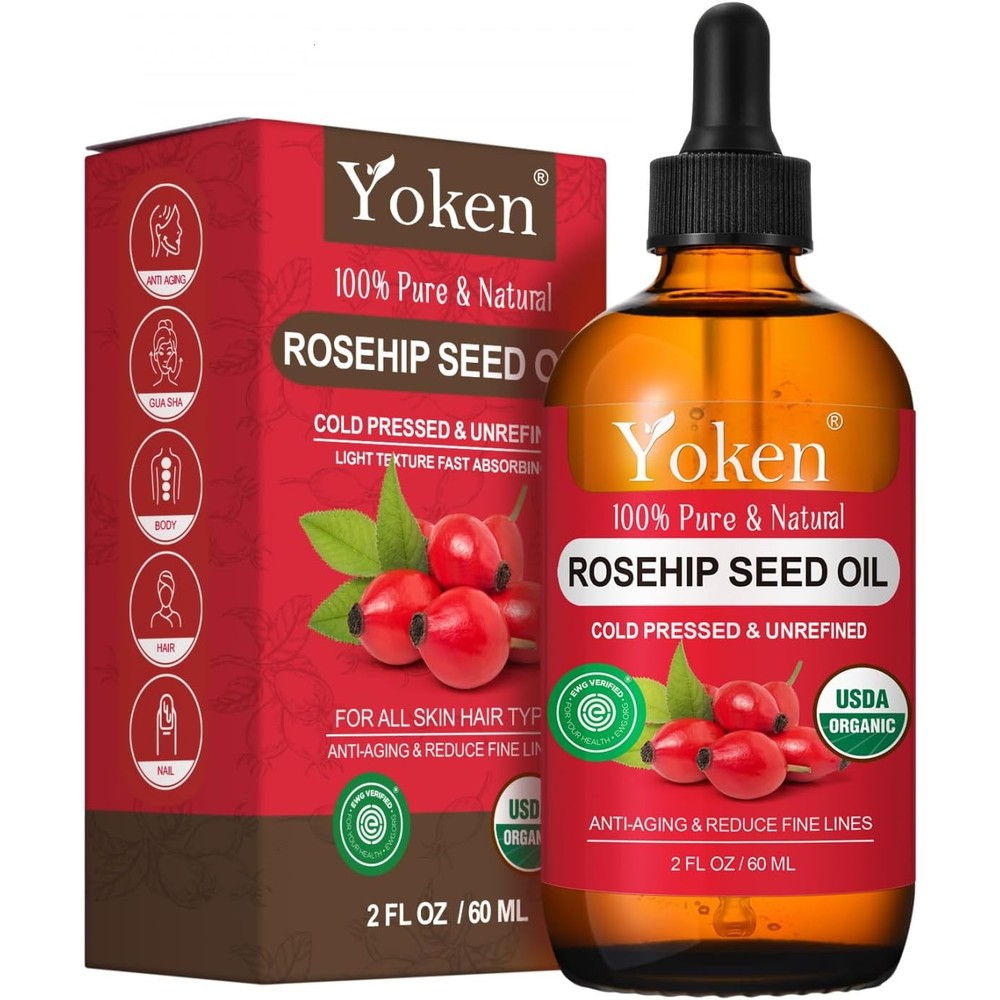 Yoken Organic Rosehip Seed Oil front view bottle with dropper applicator for facial skincare