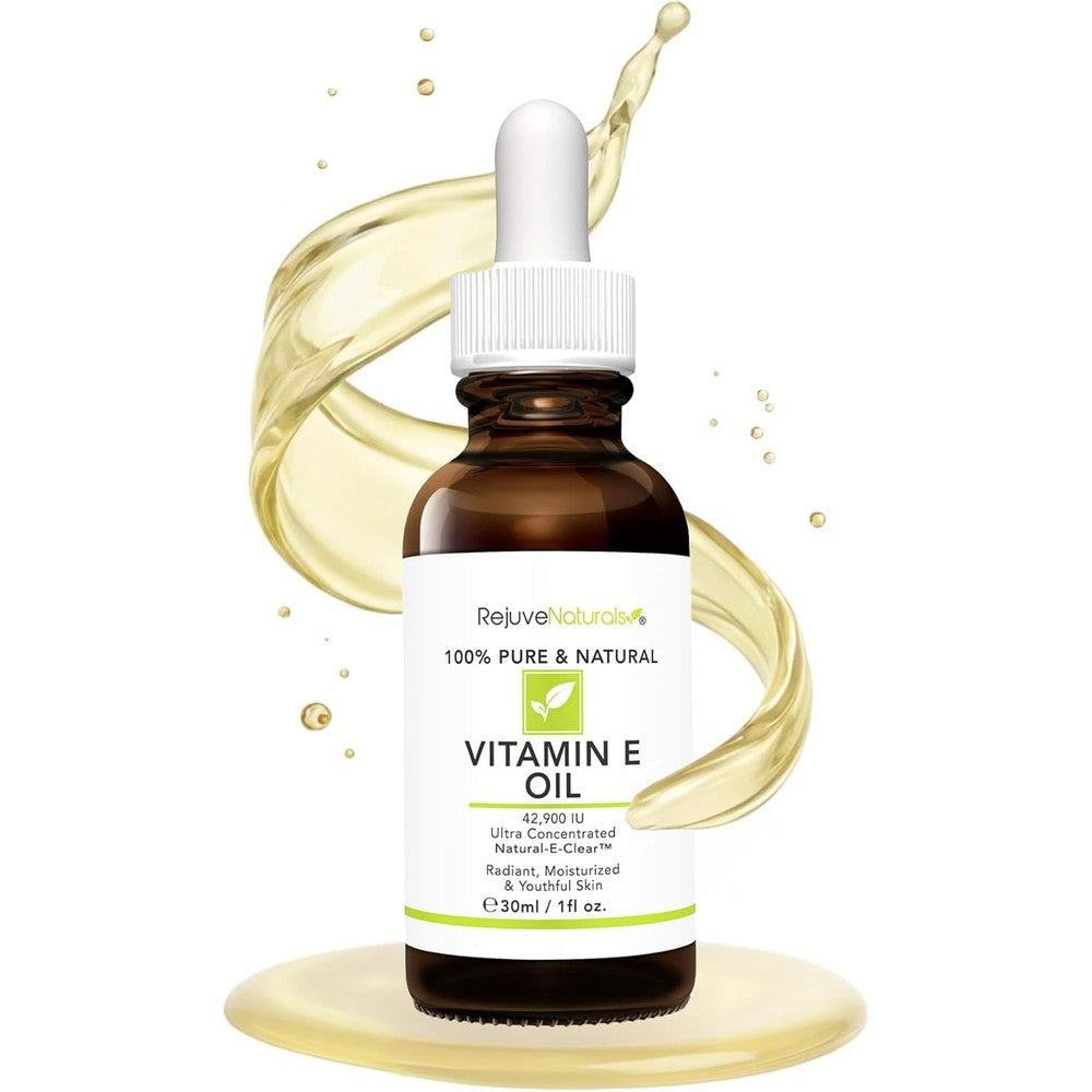 RejuveNaturals Vitamin E Oil front view bottle of pure natural plant based skincare serum for scar reduction