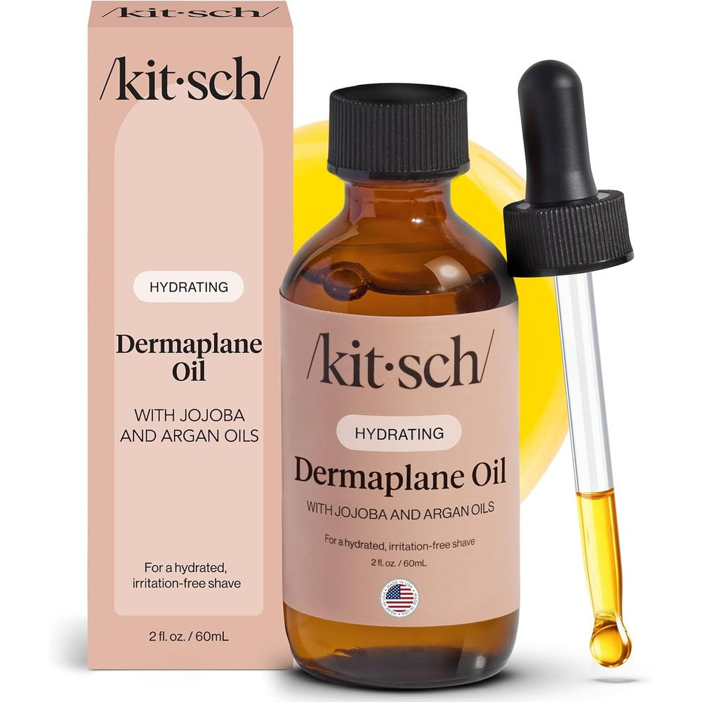 Kitsch Dermaplane Face Oil front view amber glass bottle with dropper