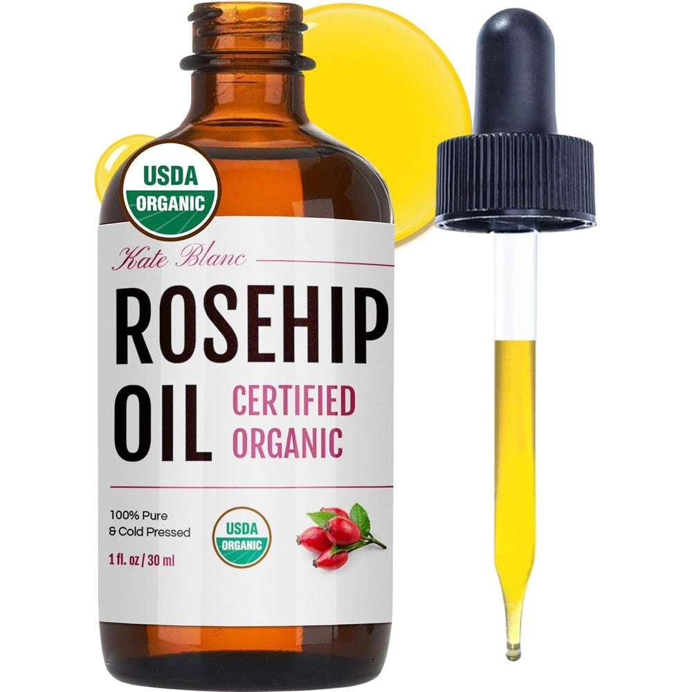 Kate Blanc Cosmetics Rosehip Seed Oil front view bottle for facial hydration
