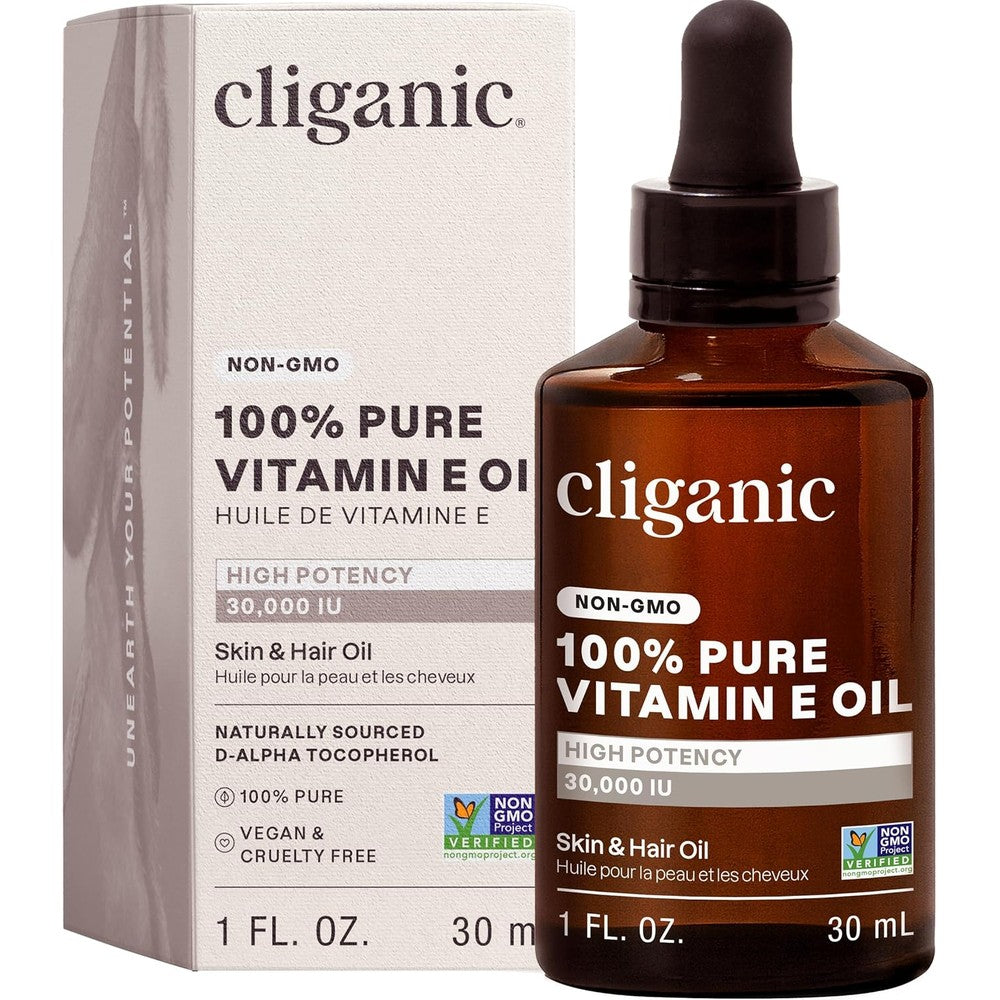 Cliganic Pure Vitamin E Oil 30000 IU glass bottle with dropper for easy skin application