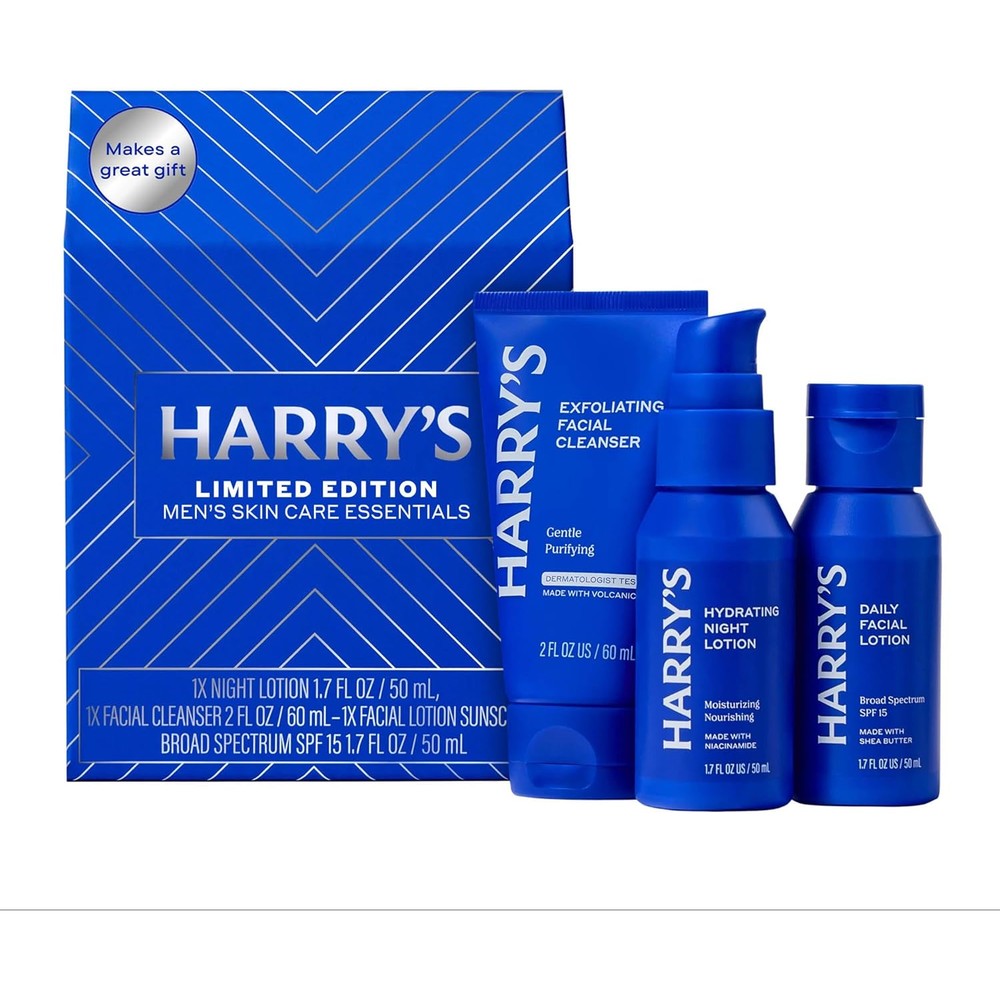 Harry's Limited Edition Holiday Gift Set for Men front view of premium blue geometric packaging box.