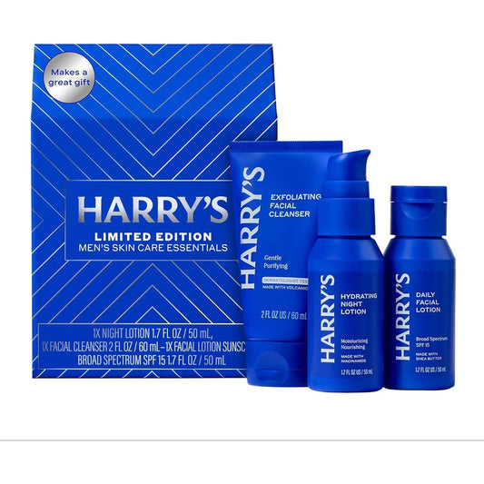 Harry's Limited Edition Holiday Gift Set for Men front view of premium blue geometric packaging box.