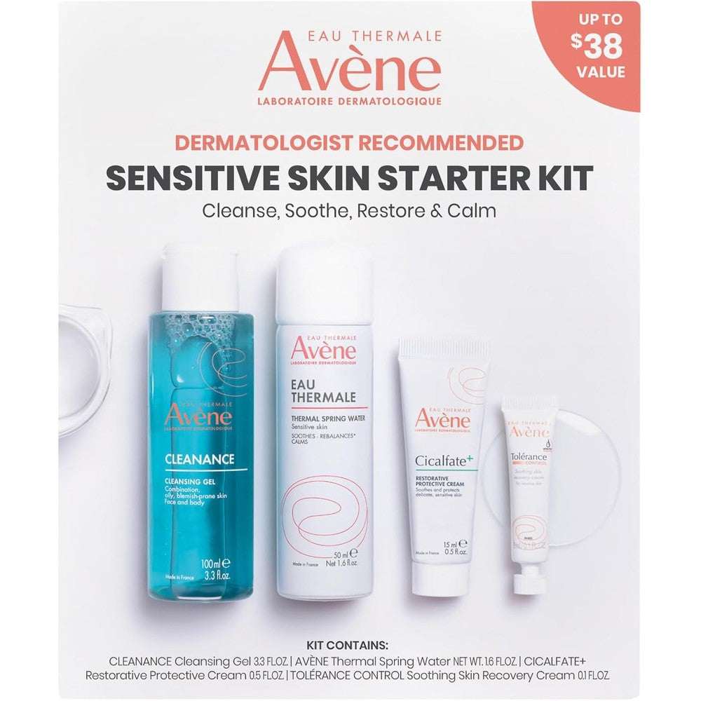 Avène Dermatologist Recommended Sensitive Skin Starter Kit front view showing four pieces including thermal spring water