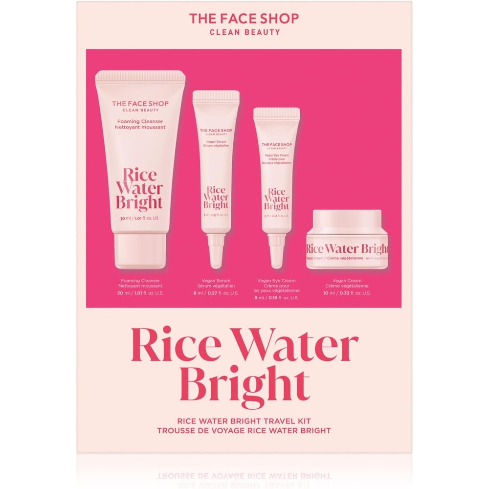 The Face Shop Rice Water Bright Travel Kit front view showcasing the four mini vegan skincare products.