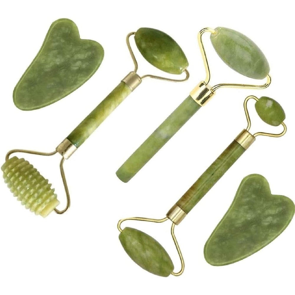 Fuvooi Jade Gua Sha 5 in 1 Facial Massager Set front view showing the complete collection of green stone rollers and scraping blades.