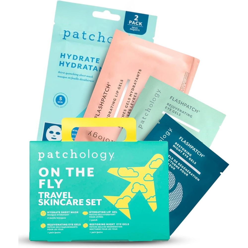 Patchology On The Fly Travel Facial Kit front view showcasing teal packaging for imported skincare routine