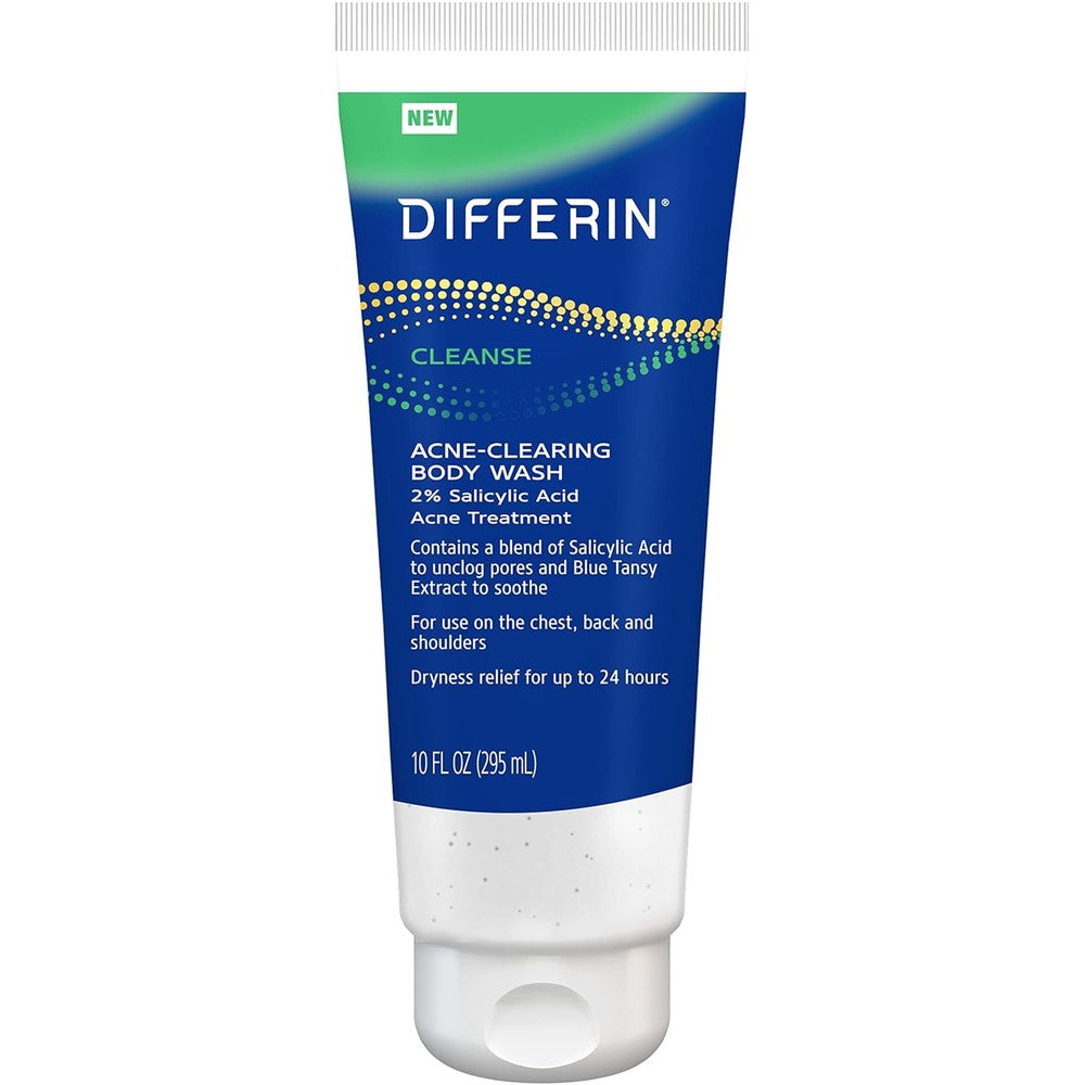 Differin Acne Clearing Body Wash front view showing the ten ounce tube packaging for body breakout treatment.