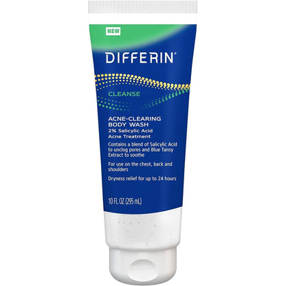 Differin Acne Clearing Body Wash front view showing the ten ounce tube packaging for body breakout treatment.