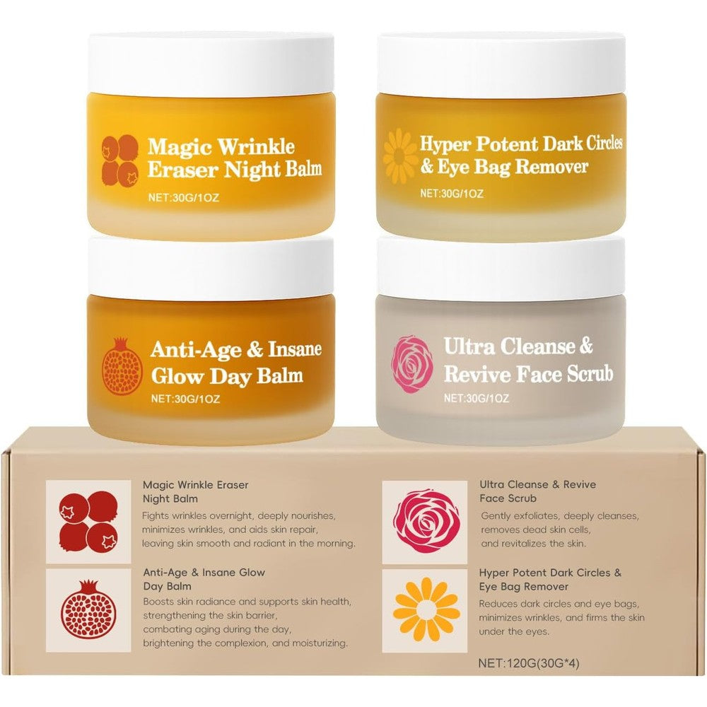 FROYA Organics mature skin skincare set front view featuring four premium botanical balm jars.