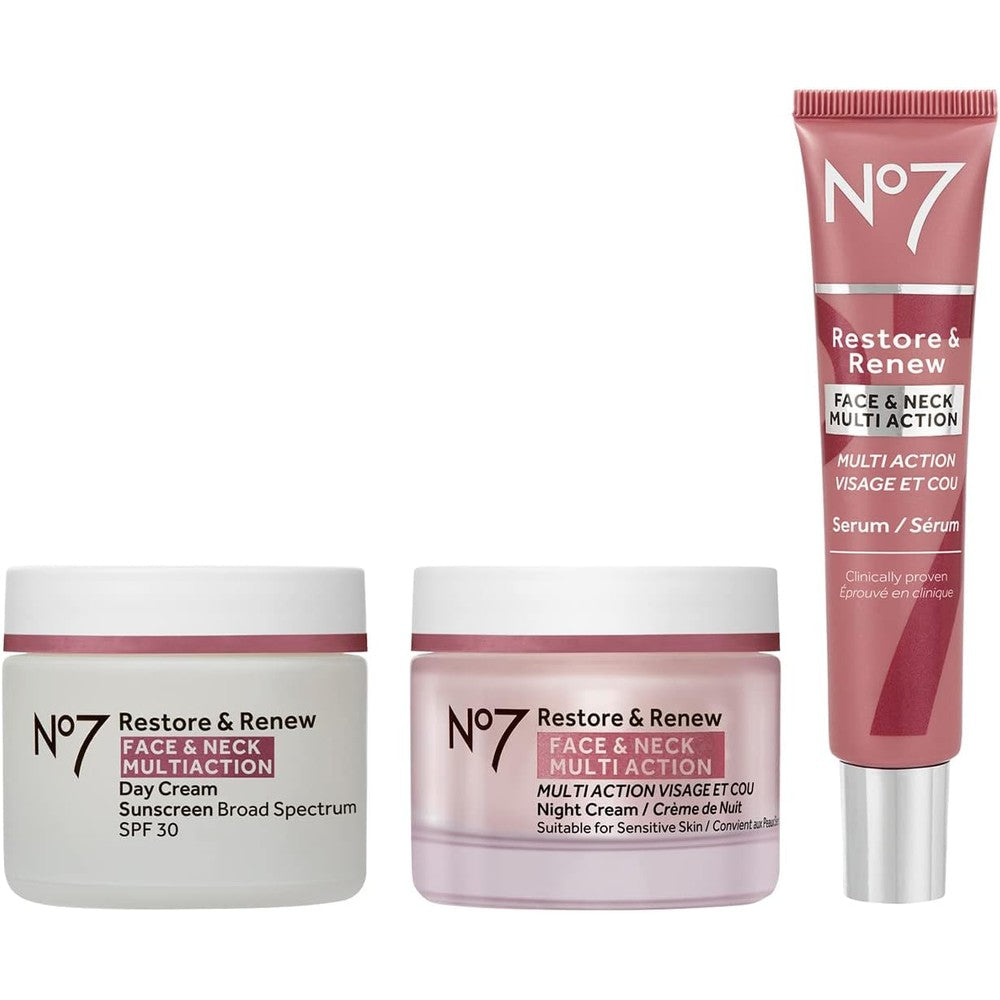 No7 Restore and Renew Face and Neck Multi Action Skincare System three piece kit front view packaging