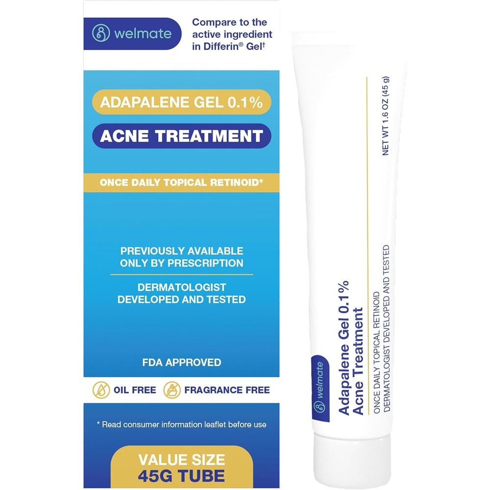 WELMATE Adapalene Gel 0.1 percent acne treatment front view of the 45g tube for clearing blackheads.