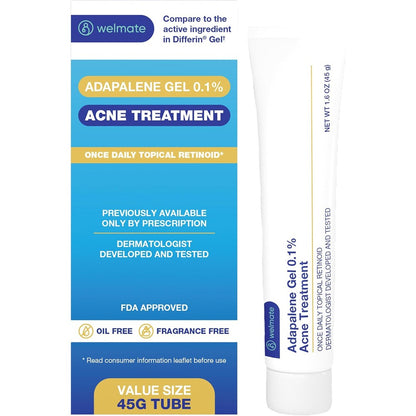 WELMATE Adapalene Gel 0.1 percent acne treatment front view of the 45g tube for clearing blackheads.