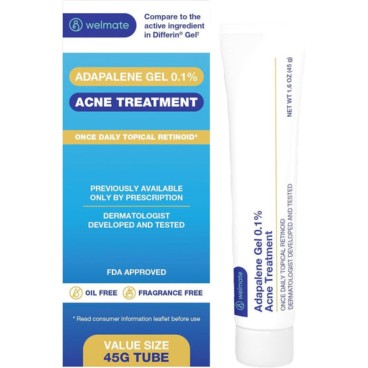 WELMATE Adapalene Gel 0.1 percent acne treatment front view of the 45g tube for clearing blackheads.