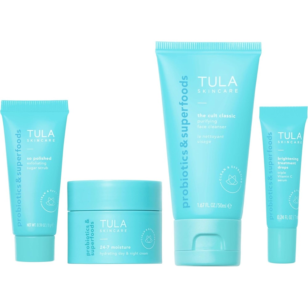 TULA Skin Care Best Sellers Mini Holiday Kit front view showing the blue travel pouch and four skincare tubes