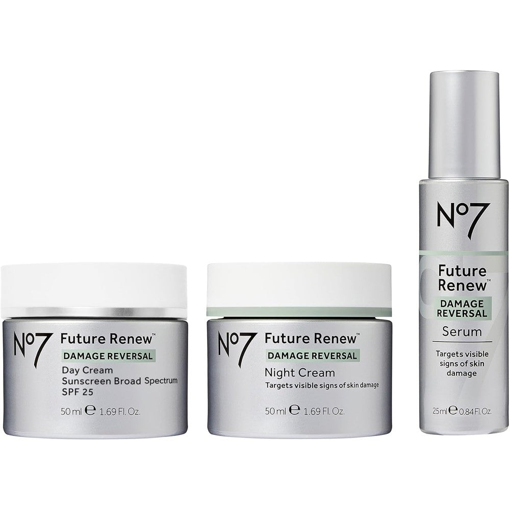 No7 Future Renew Damage Reversal Skincare Set front view showing the complete three piece anti aging regimen kit