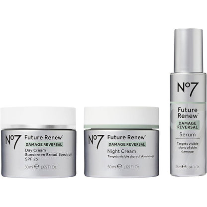 No7 Future Renew Damage Reversal Skincare Set front view showing the complete three piece anti aging regimen kit